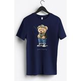 MGAX Balıkçı Balığa Giden Sevimli Ayı Baskılı Regular Sıfır Yaka %100 Pamuk Unisex Penye T-Shirt - Lacivert - 2XL