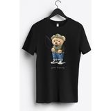 MGAX Balıkçı Balığa Giden Sevimli Ayı Baskılı Regular Sıfır Yaka %100 Pamuk Unisex Penye T-Shirt - Siyah