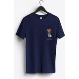 MGAX Sevimli Ayı Şanslı Adam Arma Baskılı Regular Sıfır Yaka %100 Pamuk Unisex Penye T-Shirt - Lacivert - XL