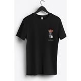 MGAX Sevimli Ayı Şanslı Adam Arma Baskılı Regular Sıfır Yaka %100 Pamuk Unisex Penye T-Shirt - Siyah - 2XL