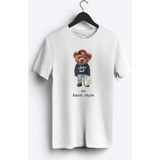 MGAX Sevimli Ayı Şanslı Adam Baskılı Regular Sıfır Yaka %100 Pamuk Unisex Penye T-Shirt - Beyaz - XL