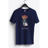 MGAX Sevimli Ayı Şanslı Adam Baskılı Regular Sıfır Yaka %100 Pamuk Unisex Penye T-Shirt - Lacivert - 2XL
