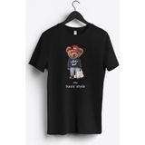 MGAX Sevimli Ayı Şanslı Adam Baskılı Regular Sıfır Yaka %100 Pamuk Unisex Penye T-Shirt - Siyah