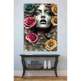 Mgi Design Kanvas Tablo, Çiçekli Kadın Portresi, Gül Detaylı, Pembe Mavi Sarı, 70x100 cm, Duvar Dekoru