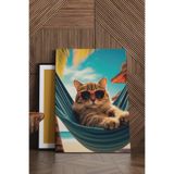 Mgi Design Kanvas Tablo, Hamakta Güneş Gözlüklü Kedi Temalı, 70x100 cm, Duvar Sanatı