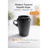 MGZ Kulplu Kapaklı Çay Kahve Bardağı Plastik - Mug Sıcak Içecek Bardağı 450 ml - Siyah