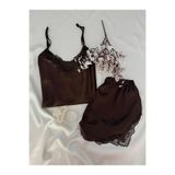 MH Moony Homewears Kahverengi Lüks Saten Şortlu Pijama Takımı