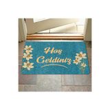 M&H Quality(144) Dijital baskılı Hoş geldiniz yazılı çiçek desenli kapı önü paspası iç ve dış için yıkanabilir Kaymaz Siyah - Gold 45 x 70