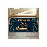 M&H Quality(338) hoş geldiniz yazılır Dekoratif Dış Kapı Önü ve Iç Mekan Paspası yıkanabilir Lacivert 45 x 70