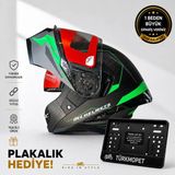 Mh Sports Çene Açılır Güneş Vizörlü Kask + Plakalık - Siyah - Yeşil