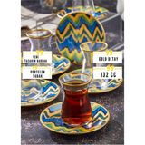 MHK Collection 12 Parça Özel Tasarım Desenli Porselen Tabaklı Çay Bardağı - Mavi Desenli - 6 Adet