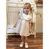 Mia Bambim Yakası Fırfırlı Karpuz Kol Kız Bebek Elbise Premium Seri %100 Keten Bej - 6 Ay