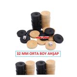 Miajima Orta Boy Ahşap Tavla Pulu 32 Mm + 4 Adet Zar Hediyeli