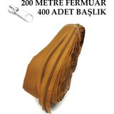 Miapollo T5 Plastikdiş Fermuar Kahverengi Fermuar ve Başlık (200 mt Fermuar 400 Adet Başlık) - Beyaz