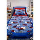 Miar home perde tekstil Miar Tek Kişilik Araba Desenli Pike Takımı 4 Parça | %100 Pamuk Lastikli Çarşaflı - Kırmızı - 100 x 200 cm