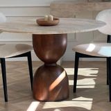 MIARIK DESIGN & DEKORASYON Yuvarlak Ahşap Bogum Ayak Traverten Tabla Mermer Yemek Masası