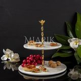 Miarik Design Dekoratif 2 Katlı Sunumluk Doğal Beyaz Mermer Gold Lotus Aksesuarli Kurabiyelik & Pastalık