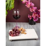 Miarik Design Dekoratif Bej Mermer Dikdörtgen Gümüş Top Ayaklı Sunum Tepsısı Servis Tabağı