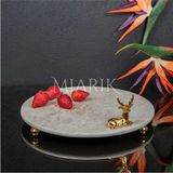 Miarik Design Dekoratıf Bej Mermer Yuvarlak Sunum Tabağı Tepsisi Aksesuarlı ve Top Ayaklı