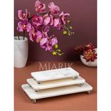Miarik Design Dekoratif Beyaz Mermer 3lü Dikdörtgen Gümüş Top Ayaklı Sunum Tepsısı Servis Tabağı