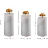 Miarik Design Dekoratif Beyaz Mermer Gold Renk Ginko Aksesuarli 3 Lü Baharatlık Şekerlik Kavanoz Seti