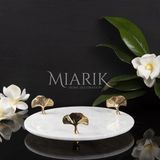 Miarik Design Dekoratıf Beyaz Mermer Yuvarlak Gınkgo Pırınc Detaylı Sunum Tabağı Tepsisi Gold Top Ayaklı