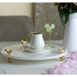 Miarik Design Dekoratıf Beyaz Mermer Yuvarlak Kus Pırınc Detaylı Sunum Tabağı Tepsisi Gold Top Ayaklı