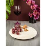 Miarik Design Dekoratıf Beyaz Mermer Yuvarlak Sunum Tabağı Tepsisi Gümüş Top Ayaklı