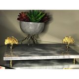 Miarik Design Dekoratif Gri Mermer Dikdörtgen Gold Ginko Cıcek Detaylı Sunum Tepsısı Servis Tabağı