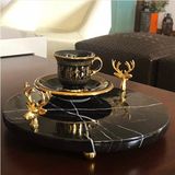 Miarik Design Dekoratıf Sıyah Mermer Yuvarlak Geyık Pırınc Detaylı Sunum Tabağı Tepsisi Gold Top Ayaklı