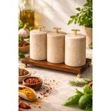 Miarik Design Dekoratif Traverten Mermer Gold Renk Cizgi Aksesuarli 3 Lü Baharatlık Şekerlik Kavanoz Seti