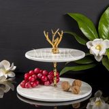 Miarik Design Doğal Mermer Kurabiyelik & Pastalık 2 Katlı Gold Geyik Boynuzu Objeli