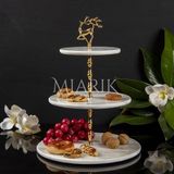Miarik Design Doğal Mermer Uçan Geyik Gold Pirinç Çubuklu Servis Sunum Tabağı , Kek Pasta Standı