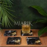 Miarik Design Mermer Bardak Altlığı 4'lü Kare Sıyah Renk Pırınç Gold Arı Aksesuarlı