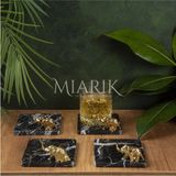 Miarik Design Mermer Bardak Altlığı 4'lü Kare Sıyah Renk Pırınç Gold Fıl Aksesuarlı