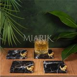 Miarik Design Mermer Bardak Altlığı 4'lü Kare Sıyah Renk Pırınç Gold Kus Aksesuarlı