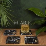 Miarik Design Mermer Bardak Altlığı 4'lü Kare Sıyah Renk Pırınç Gold Top Aksesuarlı
