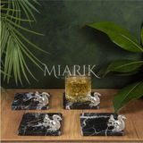 Miarik Design Mermer Bardak Altlığı 4'lü Kare Sıyah Renk Pırınç Sılver Sıncap Aksesuarlı