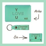 Miawiki Açık Yeşil, I Love You Desenli, Isme Özel Cüzdan ve Anahtarlık Set, Akrabaya Özel lik