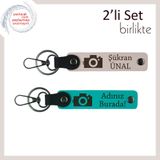MiaWiki Kamera Motifli İsme Özel Deri Anahtarlık, Standart, MH-KAN-39853x2, pudra-koyu turkuaz, üniseks-yetişkin
