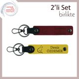 MiaWiki Kişisel Yazılı Deri Anahtarlık Kedili 2'li Set, Standart, MH-KAN-40429x2, bordo-sarı, üniseks-yetişkin