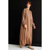 Micca %100 Doğal Lyocell Maxi Dökümlü Soft Step File Garni Detaylı Ferace-Kahve - 40