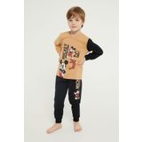 Mickey Mouse Lisanslı Bej Erkek Çocuk Uzun Kol Pijama Takım