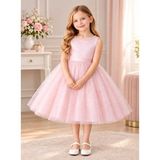 Miço Kids ARkası Büyük Fiyonklu Kız Çocuk Tül Abiye Elbise - Incili Prenses Doğum Günü Düğün Elbisesi - Pembe - 7 - 8 Yaş
