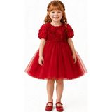 Miço Kids Kız Çocuk 3D Gül Detaylı Balon Kollu Arkası Fiyonklu Kuyruklu Tül Abiye Elbise - Kırmızı - 7 - 9 Yaş