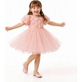 Miço Kids Kız Çocuk 3D Gül Detaylı Balon Kollu Arkası Fiyonklu Kuyruklu Tül Abiye Elbise - Pembe - 7 - 9 Yaş