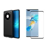 Microcase Huawei Mate 40 Pro Brushed Carbon Fiber Silikon TPU Kılıf Siyah+Tam Kaplayan Çerçeveli Cam