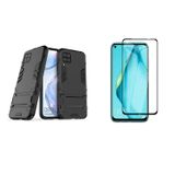 Microcase Huawei P40 Lite Alfa Serisi Armor Standlı Perfect Koruma Kılıf + Tam Kaplayan Cam -Siyah