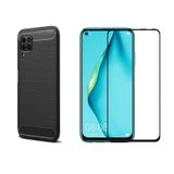 Microcase Huawei P40 Lite Brushed Carbon Fiber Silikon TPU Kılıf - Siyah+Tam Kaplayan Çerçeveli Cam