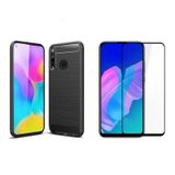 Microcase Huawei P40 Lite E Brushed Carbon Fiber Silikon TPU Kılıf Siyah+Tam Kaplayan Çerçeveli Cam